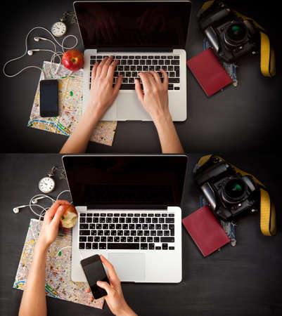 Female photographer sitting on the desk with laptop. Set
