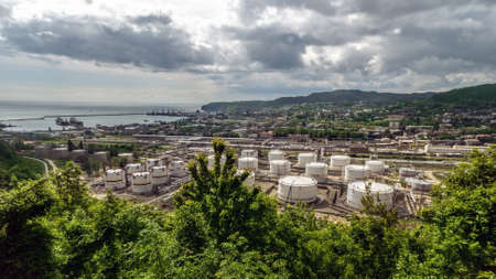 Tuapse, Russia - May 10, 2008:Oil storage area with white tanks on Black sea coastのeditorial素材