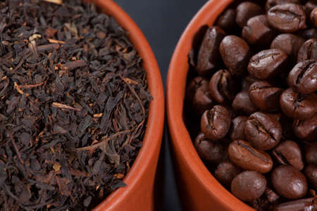 Close-up of assorted coffee and green tea in paper bags.の写真素材