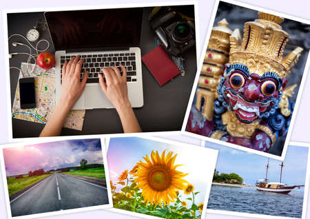 Collage with landscape and travel theme on light backgroundの写真素材