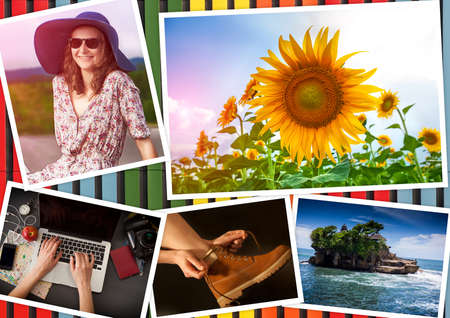 Collage with girl and travel theme on a multicolored backgroundの写真素材