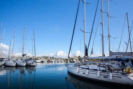 White yachts. Boat harbor in Gouvia, Corfu Greeceの写真素材