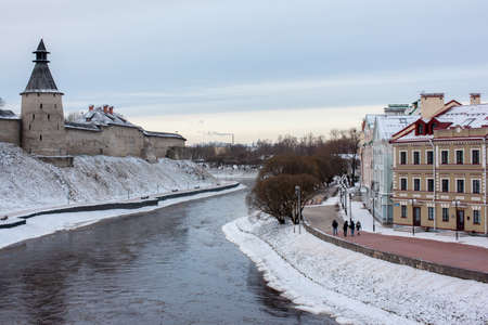 Panoramic vew of embankment and Kremlin in Pskov, Russiaの写真素材