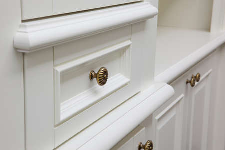 silver handles on cabinet doorsの写真素材