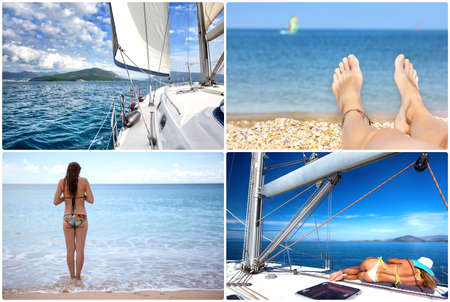 Vacation holidays. Woman feet closeup of girl relaxing on beach enjoying sun on sunny summer day. travel conceptの写真素材