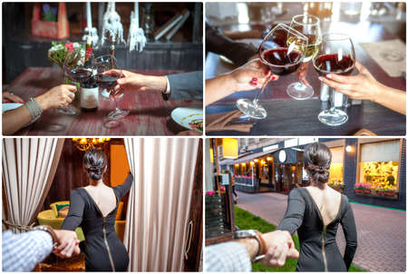 Woman pulling arm her man in cafe , First-person view. romantic couple with glasses of red wine on a date in a cozy Italian restaurant. Leisure, drinks, people and holidays conceptの写真素材