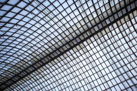 Double exposure of structural glazing. Generic modern architecture fragment with glass ceiling, roof...