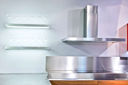 Professional kitchen interior of restaurant. Modern equipment and devices made of stainless steel. Empty kitchen in the morning.の写真素材