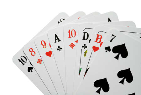 Photograph of good playing cards against a white background.