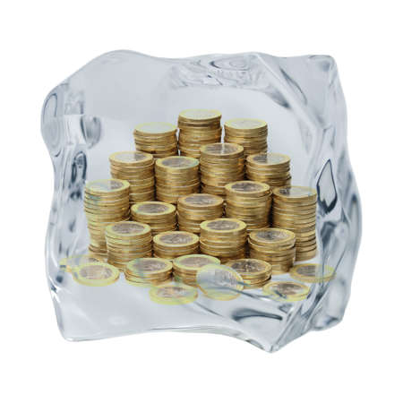 An irregularly shaped ice cube is released on a white background の写真素材