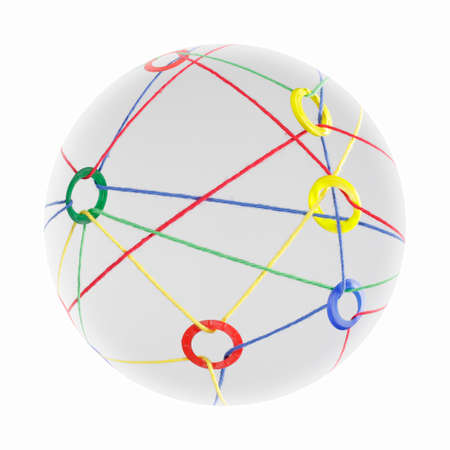 A network of colorful ribbons floats as a ball against white background の写真素材