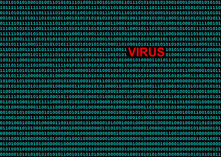 Black and blue binary computer code background with the red word virus.の写真素材
