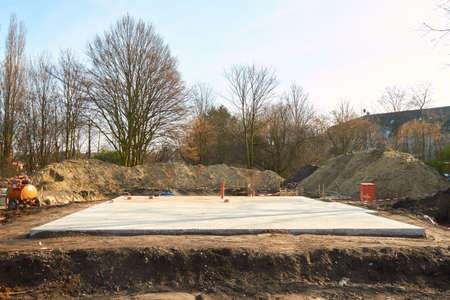 Base plate made of concrete as the foundation for the construction of a prefabricated house.の写真素材