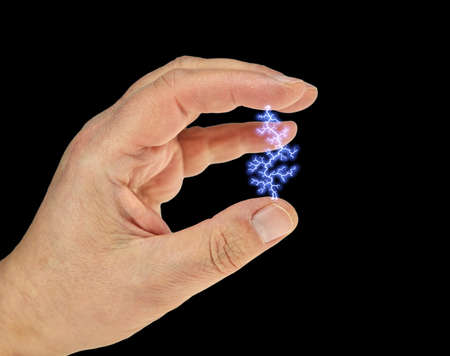 There is a thunderbolt between two fingers of a hand.