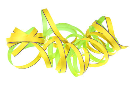Some colorful streamers in front of a white background.