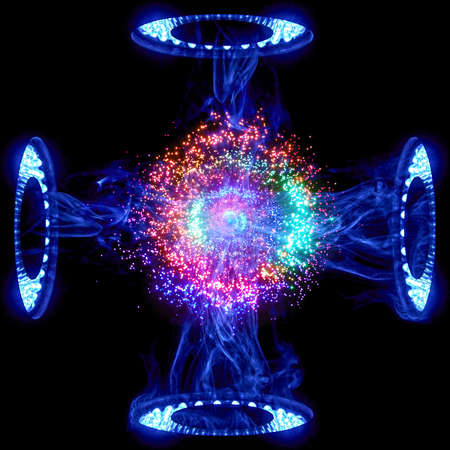 Ring lights are connected by a column of smoke.