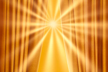 A slightly raised curtain gives a view of the light on a radiant background.の写真素材