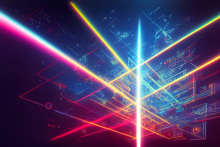 Dark abstract space with colorful geometric strips of light.の写真素材