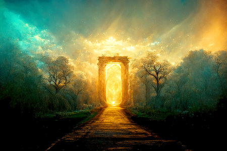 Bright light shines through an old gate.の写真素材