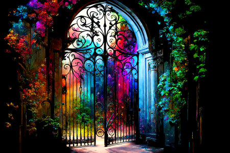 Light shines through an old gate in a magical world.の写真素材