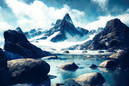 Fantastic landscape with snowy mountains and cloudy sky.