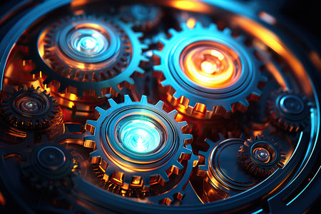 Several blue and gold illuminated gears as background image.の素材