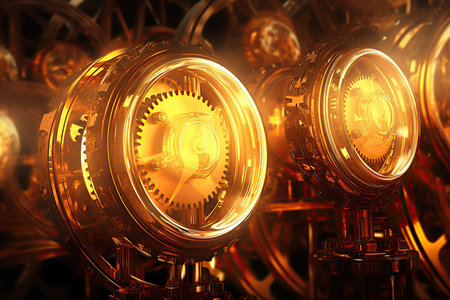 Several golden illuminated gears as background image.の素材