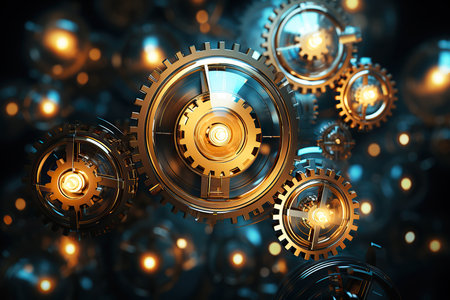 Several blue and gold illuminated gears as background image.の素材