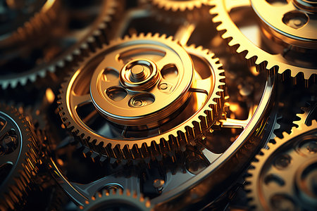 Several golden illuminated gears as background image.の素材