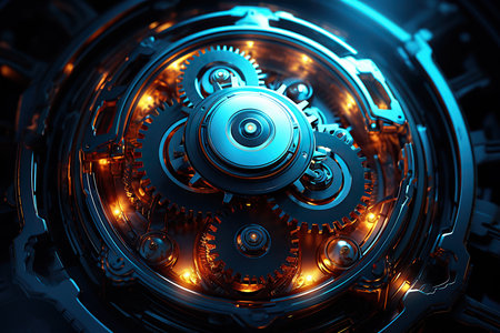 Several blue and gold illuminated gears as background image.の素材