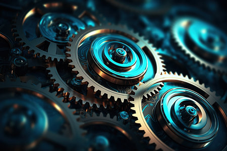 Several blue and gold illuminated gears as background image.の素材
