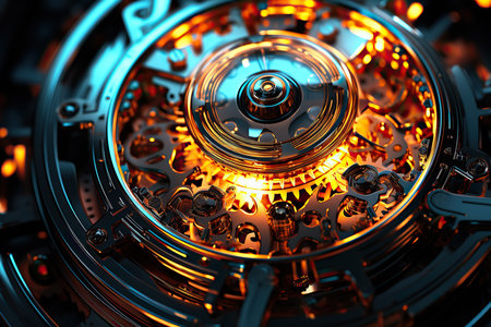 Several blue and gold illuminated gears as background image.の素材