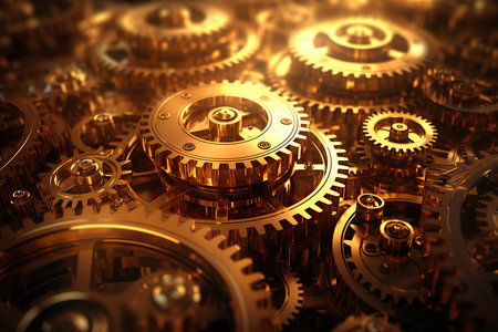 Several golden illuminated gears as background image.の素材