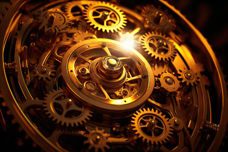 Several golden illuminated gears as background image.の素材