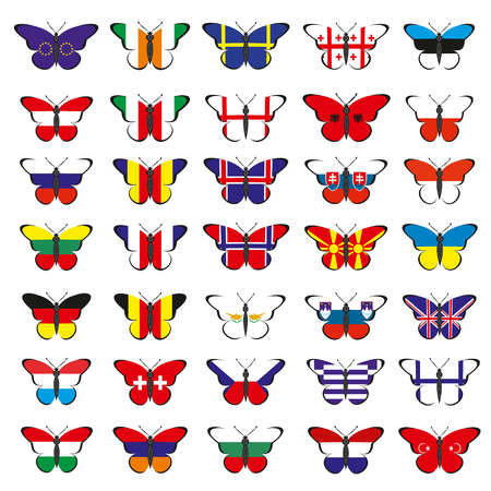 Set with thirty five butterflies with flags of European countriesのイラスト素材