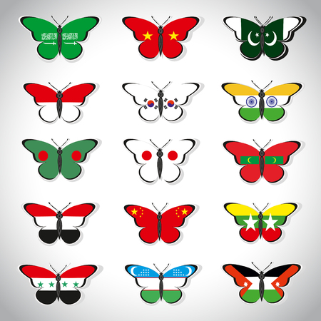 Fifteen butterflies with flags of Asian countriesのイラスト素材