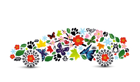 Car silhouette from different animals, butterflies, flowers and leaves.のイラスト素材