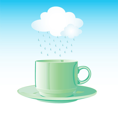 Realistic green cup with saucer and cloud with rainのイラスト素材