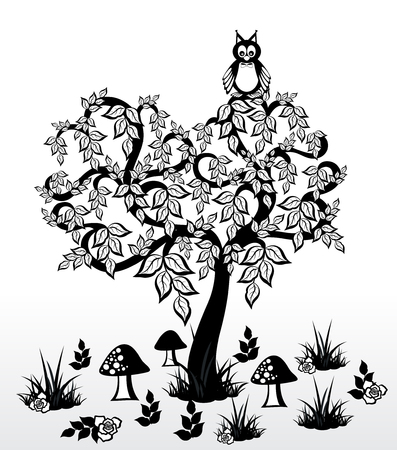 The abstract nature. Tree and clever owl.のイラスト素材