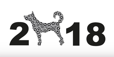 Symbol of 2018 year. Silhouette of a dog made of dog printsのイラスト素材