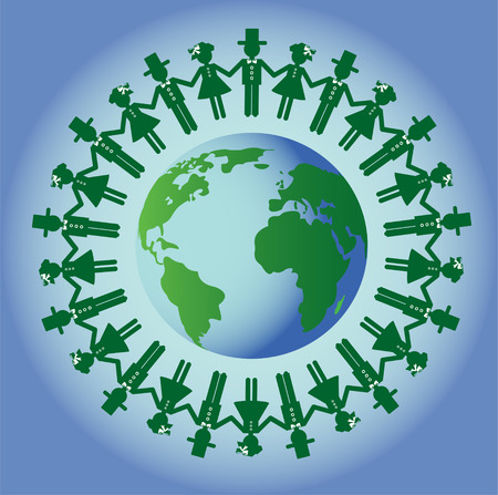 Silhouette of planet Earth. Boys and girls holding hands around our planetのイラスト素材