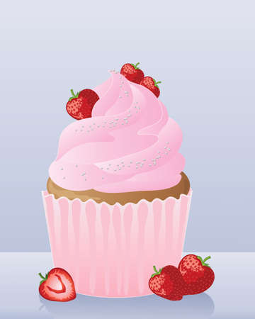 an illustration of a delicious cup cake with pink cream topped with fresh strawberries on a pale blue backgroundのイラスト素材
