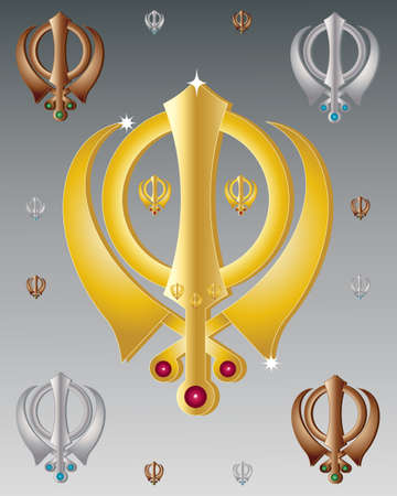 an illustration of the symbol of the sikh faith in metallic colors on a gray backgroundのイラスト素材