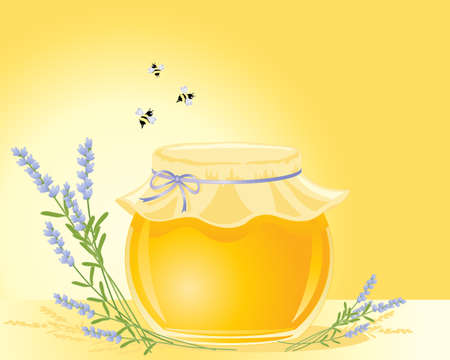 an illustration of a round pot of honey with decorative lid lavender posy and three bees on a golden backgroundのイラスト素材