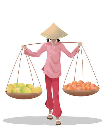 an illustration of a female asian fruit seller carrying baskets dressed in traditional clothing on a white backgroundのイラスト素材
