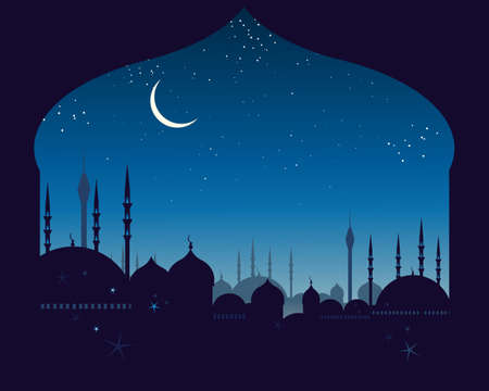 an illustration of an eastern skyline with domes and minarets under a night sky with a crescent moonのイラスト素材