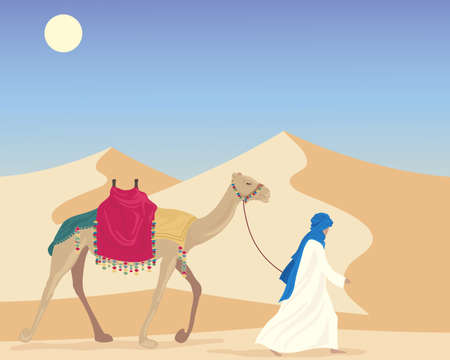 an illustration of an arabic man leading a camel through a desert landscape with sand dunes under a blue skyのイラスト素材