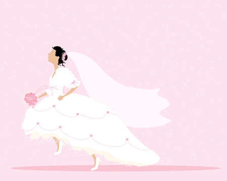 an illustration of a bride dressed in white and pink running with a pink rose bouquet and veil on a pink confetti backgroundのイラスト素材