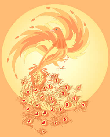 an illustration of a firebird with fiery wings and peacock tail against a bright yellow sunのイラスト素材