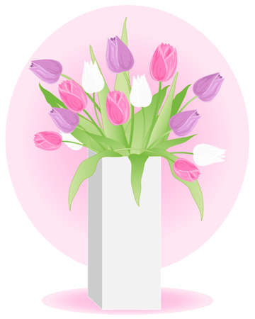 an illustration of a white vase full of purple pink and white tulips with green foliage against a pink backgroundのイラスト素材